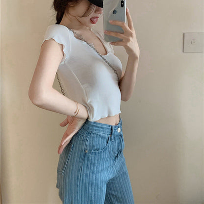 Damen Tops Kurzarm V-Ausschnitt Modern Weiß
