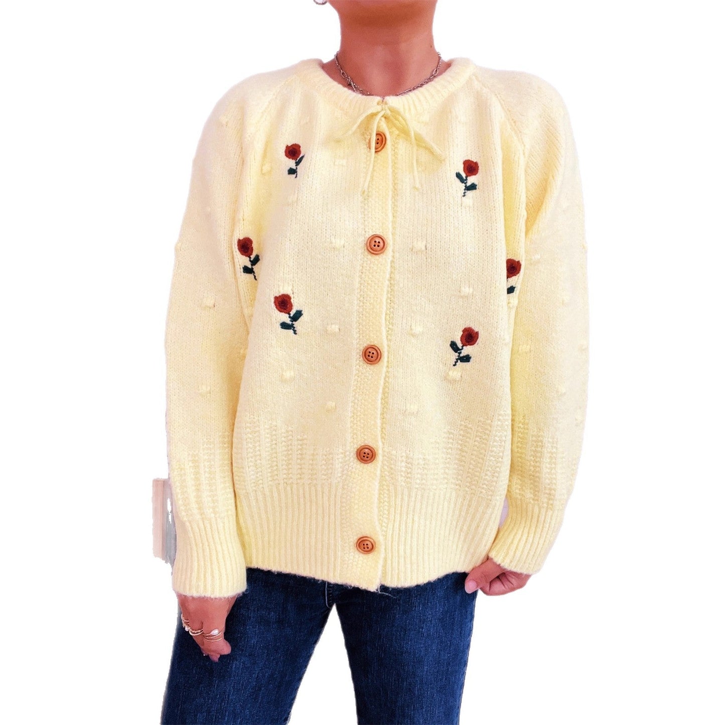 Damen Strickjacke Blumenstickerei Knopfverschluss