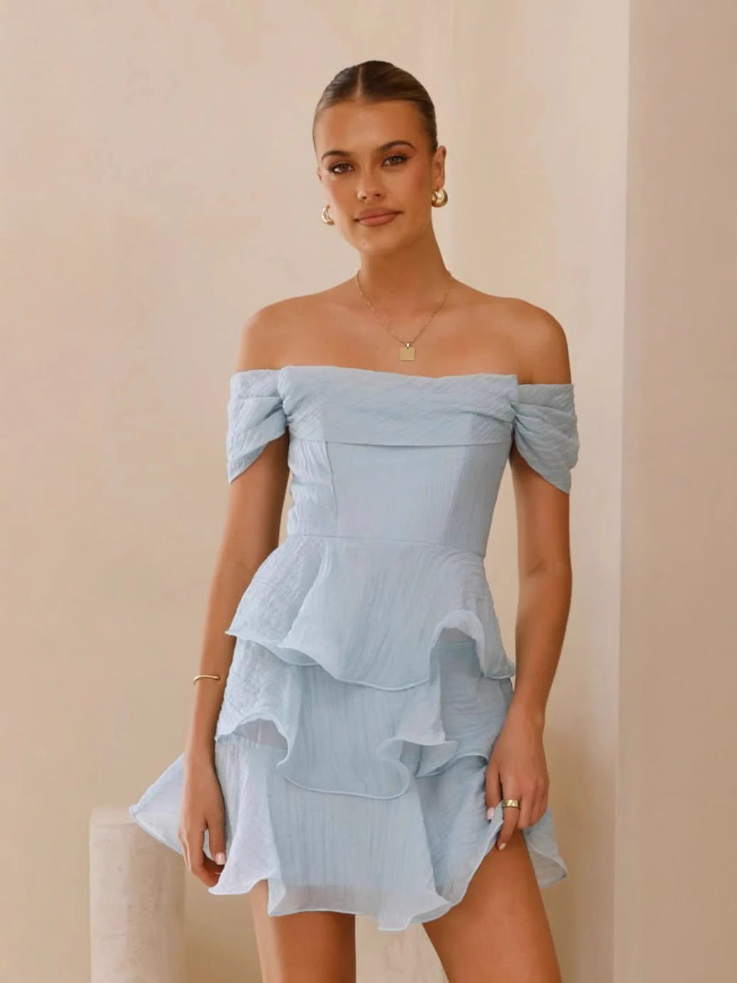 Damen Rüschenkleid Schulterfrei Elegant