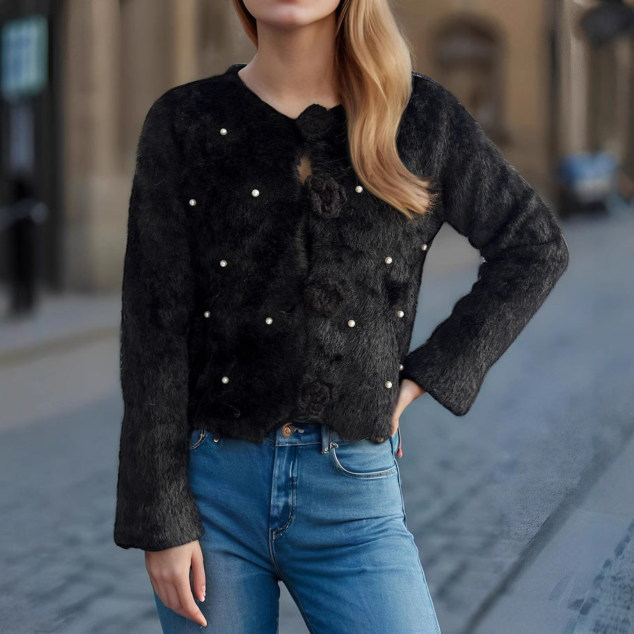 Damen Strickjacke Blumenapplikationen Perlenakzente Eveloria
