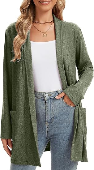 Damen Langarm-Cardigan Offene Front Taschen Beige