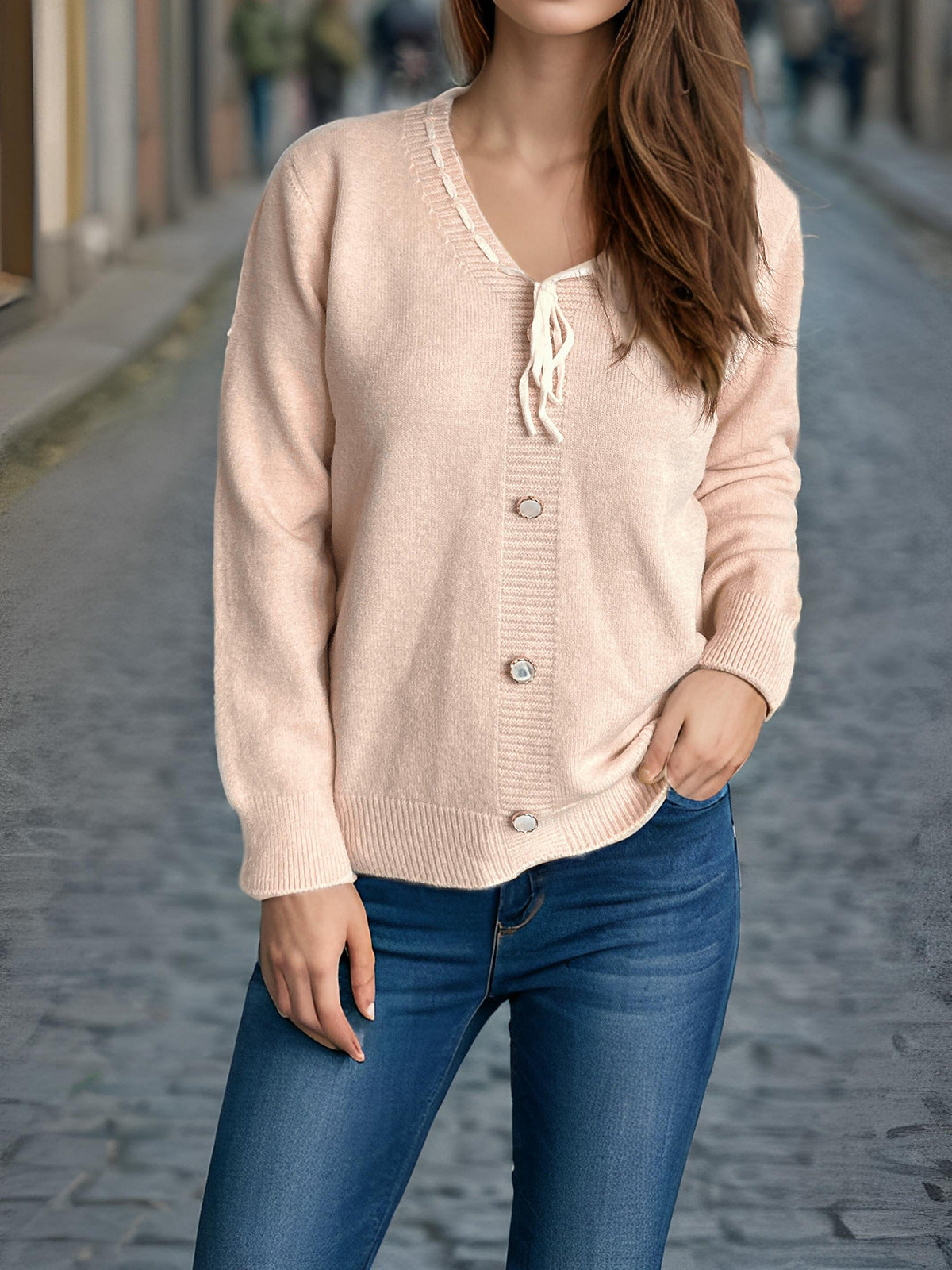 Damen Strickjacke Dekorative Knöpfe Kordelzug Beige