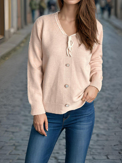 Damen Strickjacke Dekorative Knöpfe Kordelzug Beige