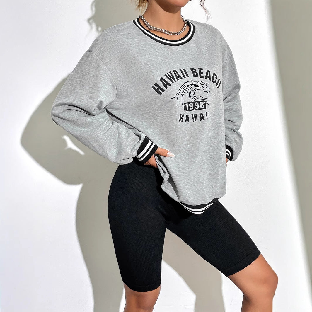 Damen Sweatshirt Hawaii-Motiv Überschnittene Ärmel Grau Eveloria