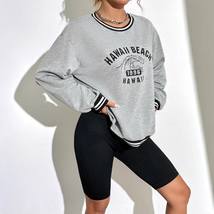 Damen Sweatshirt Hawaii-Motiv Überschnittene Ärmel Grau Eveloria