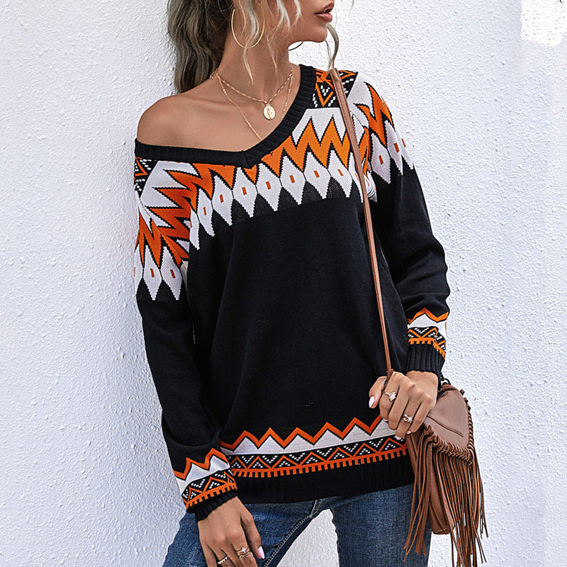 Damen Strickpullover Asymmetrischer Ausschnitt Kunststoffmuster - Eveloria