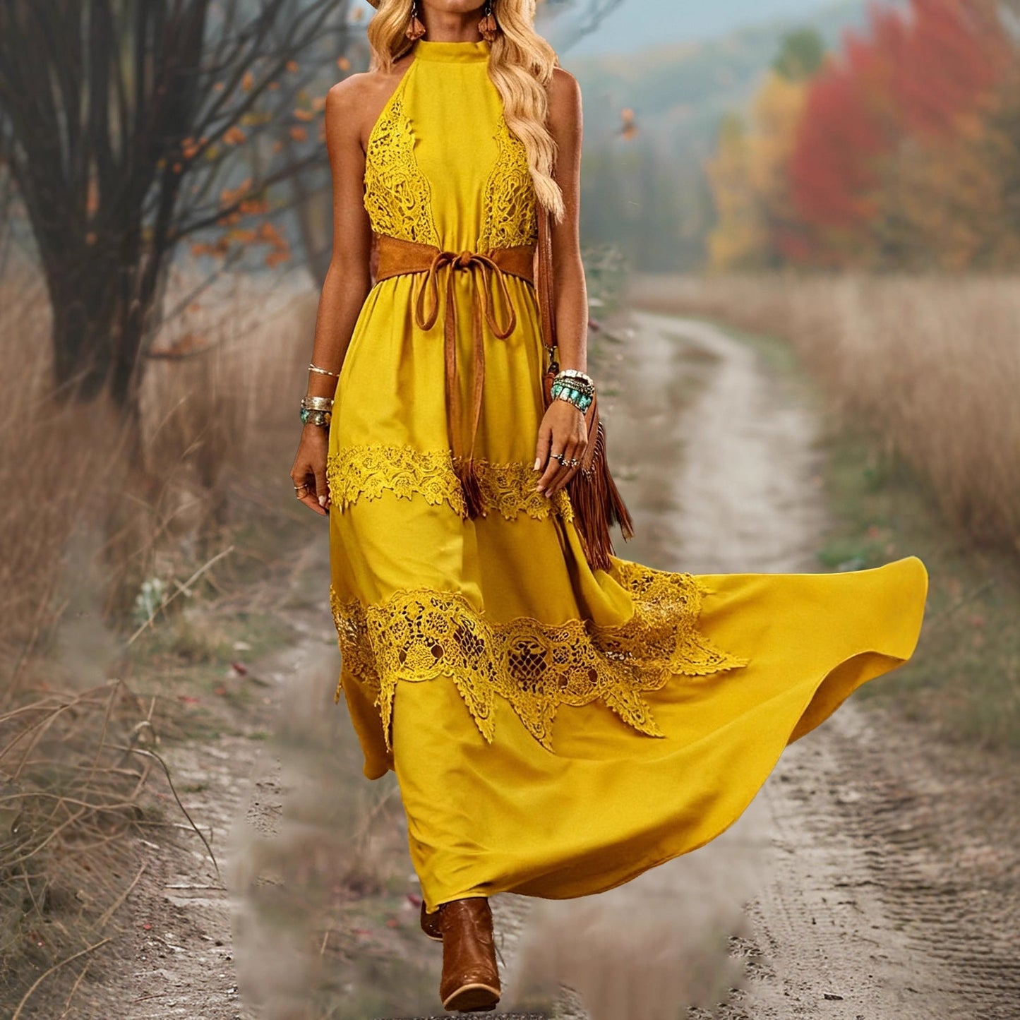 Damen Maxikleid Spitzenakzente Gürtel Detail
