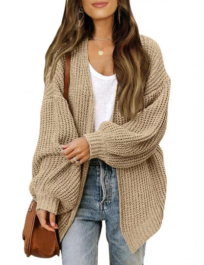 Damen Strickjacke Oversized Luftig V-Ausschnitt Beige