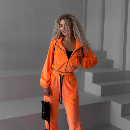 Damen Fleece Sportanzug Hochkragen Reißverschluss Schwarz - Eveloria