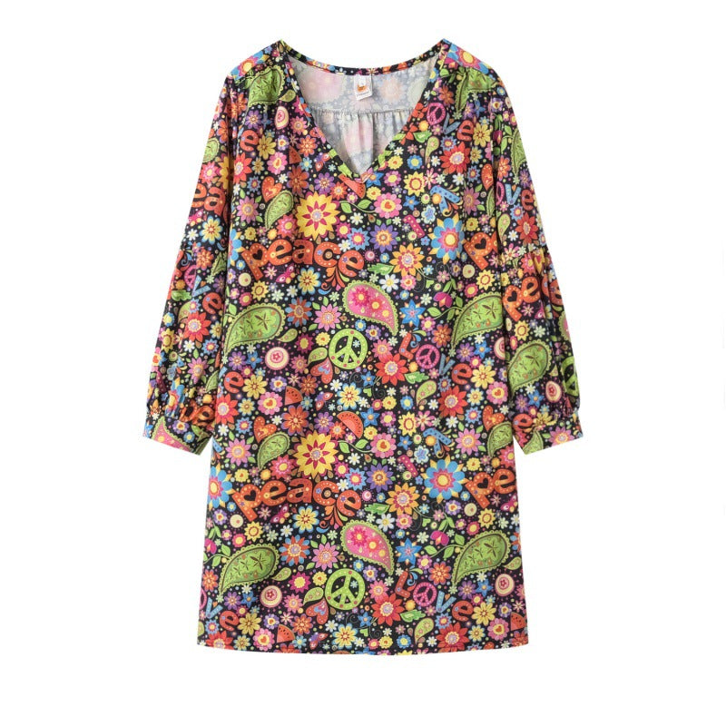 Damen Freizeitkleid buntes Blumenmuster V-Ausschnitt Eveloria