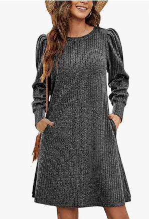 Damen Pulloverkleid Rippstrick Puffärmel Elegant