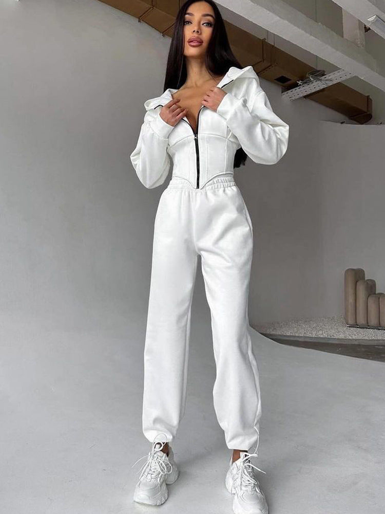 Damen Jumpsuit Tailliert Sportliche Kapuze Eveloria