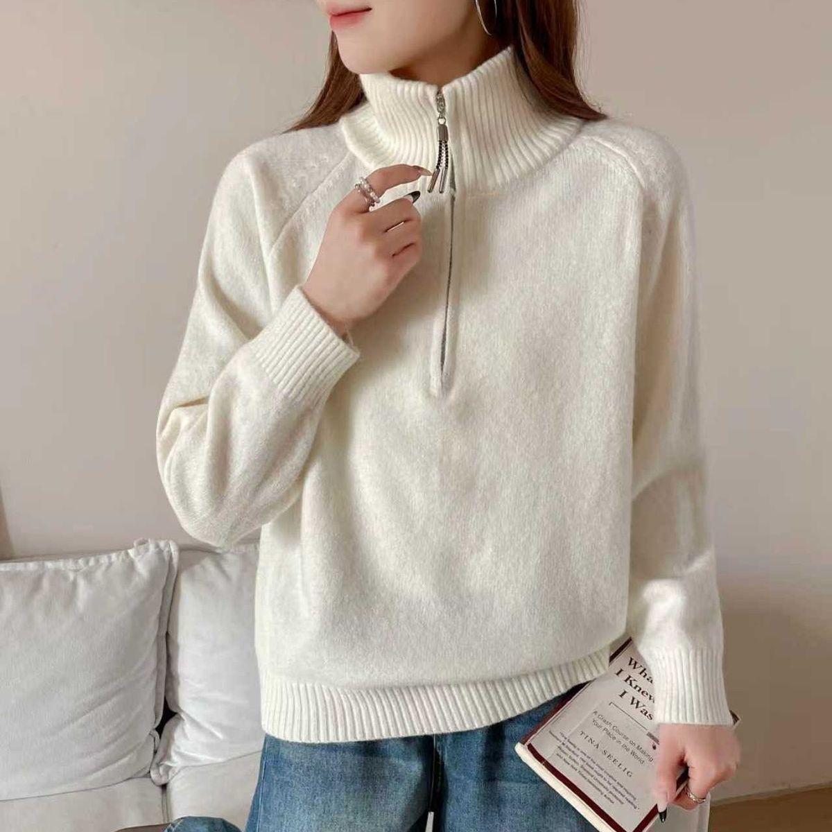 Damen Pullover Stehkragen Kuschelig Grün