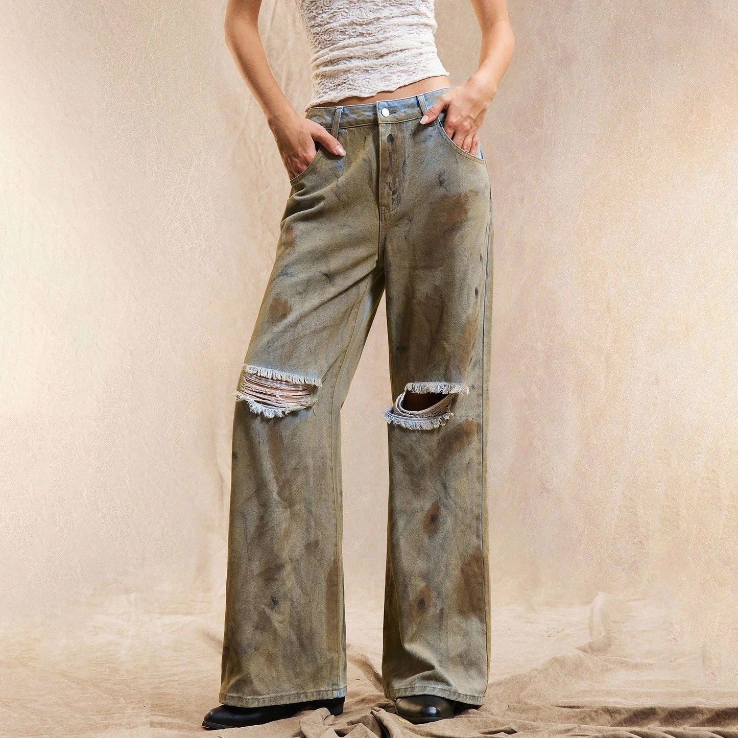 Damen Weite Jeanshose Distressed Details Blau Eveloria