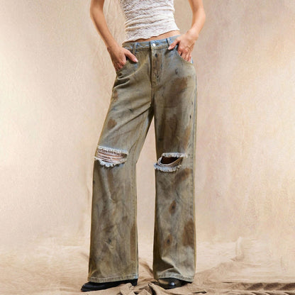 Damen Weite Jeanshose Distressed Details Blau Eveloria