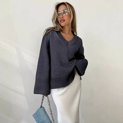 Damen Strickpullover V-Ausschnitt Lässig Eveloria