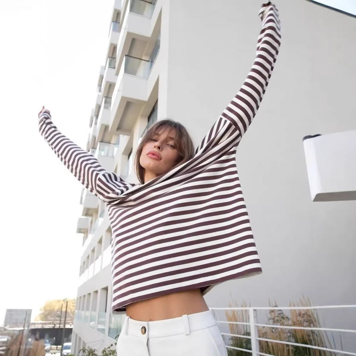 Damen Langarmshirt Streifen Lässiger Schnitt Rundhalsausschnitt - Eveloria