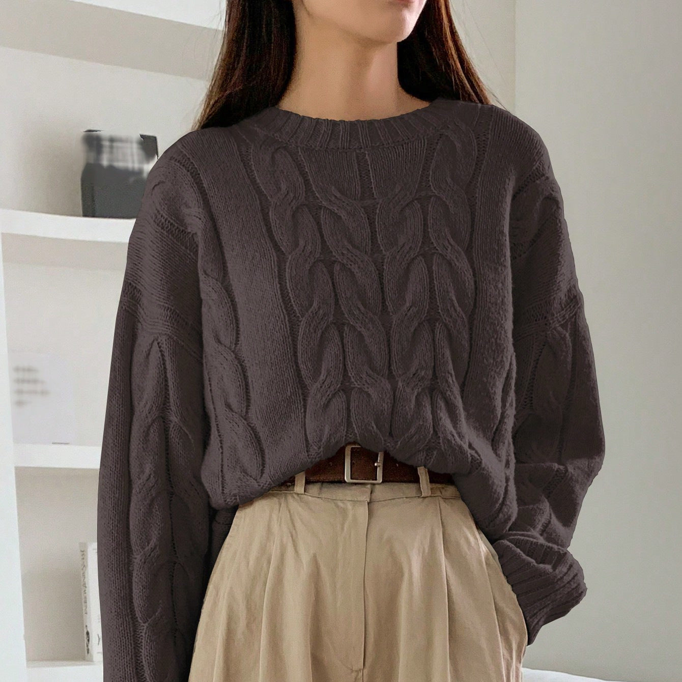 Damen Grobstrickpullover Zopfmuster Weitschnitt