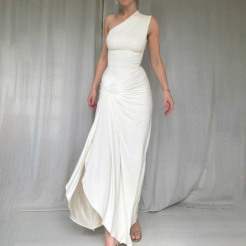 Damen Maxikleid Asymmetrisch Seidenkleid