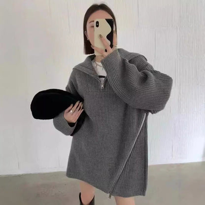 Damen Strickpullover Oversized mit Reißverschluss Schwarz Eveloria - Eveloria