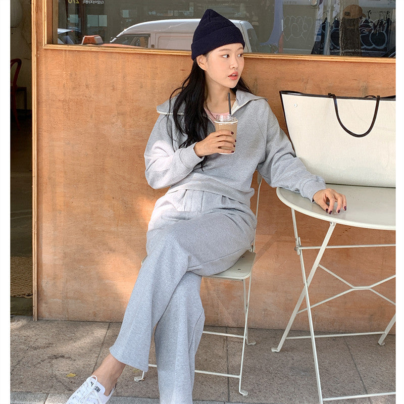 Damen Sport-Zweiteiler Set Lässiger Kragen Weite Hose Eveloria