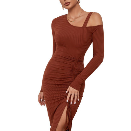 Damen Rippkleid One-Shoulder Ausschnitt Raffung