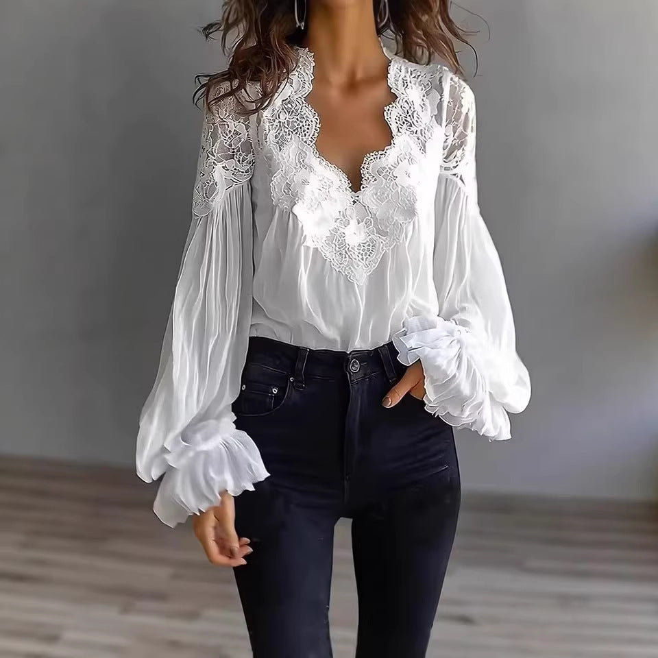 Damen Spitzenbluse mit Volumenärmeln und Blumenmuster