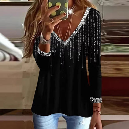 Damen Pullover V-Ausschnitt Glitzernd mit Strassdetails