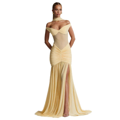 Damen Maxikleid Schulterfrei Raffung Eveloria