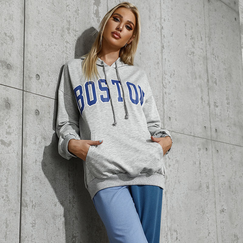 Damen Oversized Kapuzenpullover mit Schriftzug Bequem Grau