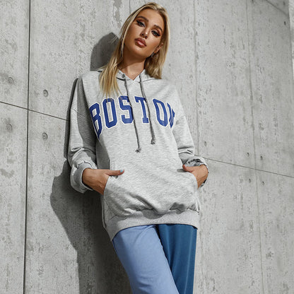 Damen Oversized Kapuzenpullover mit Schriftzug Bequem Grau