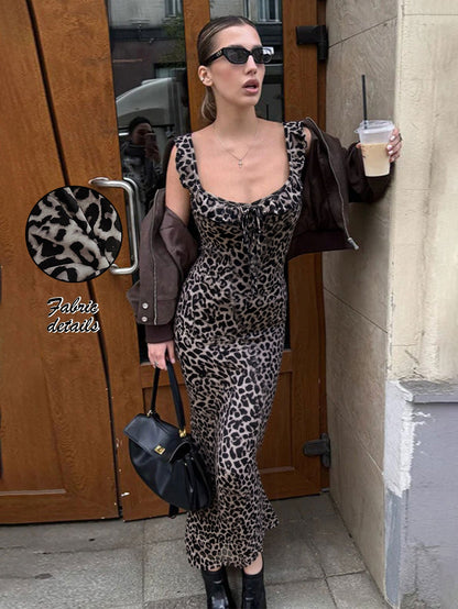 Damen Maxikleid Leopardenmuster V-Ausschnitt