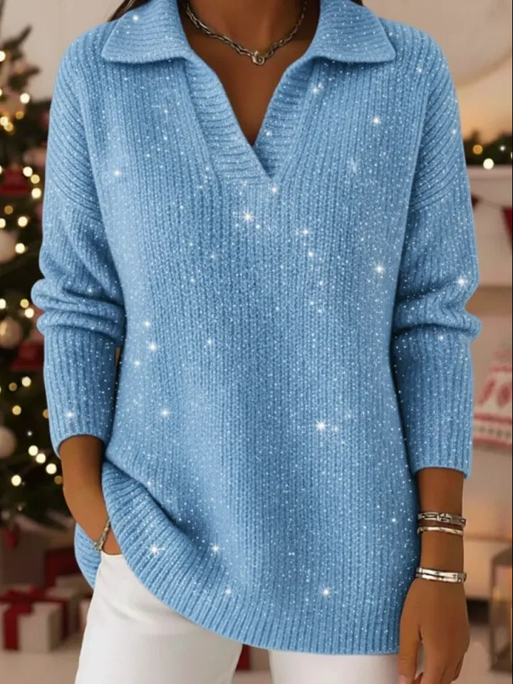 Damen Strickpullover Schimmer Effekt Moderner Kragen Eveloria