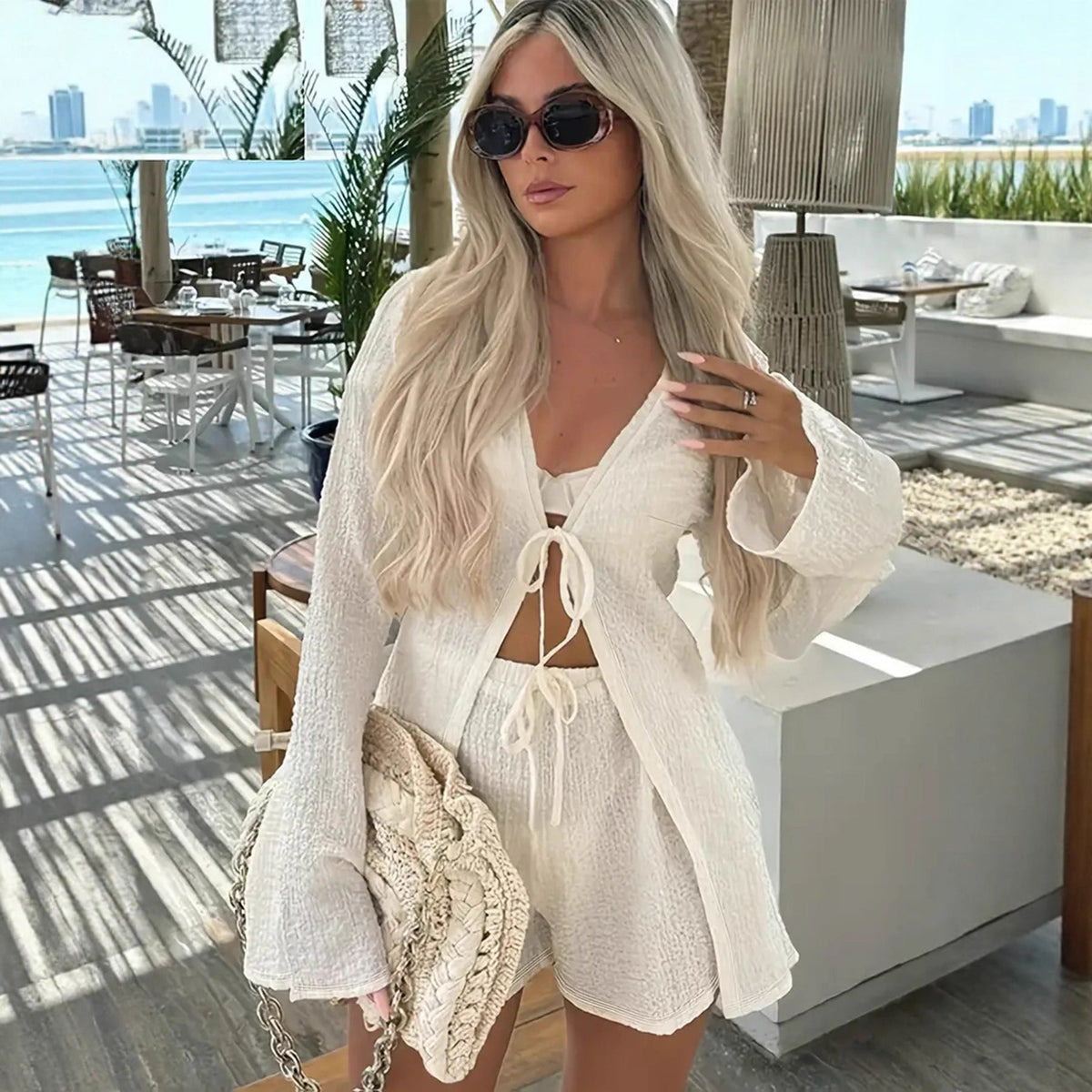 Damen Strick-Set Lässige Shorts Reißverschluss Beige - Eveloria