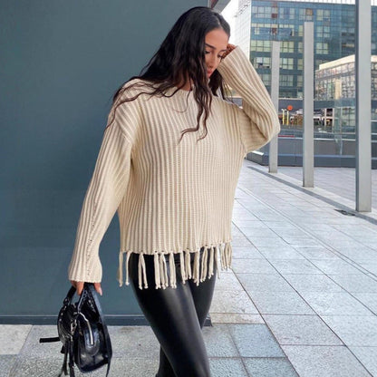 Damen Strickpullover Lässig Fransen Länge Lang Ärmel Beige