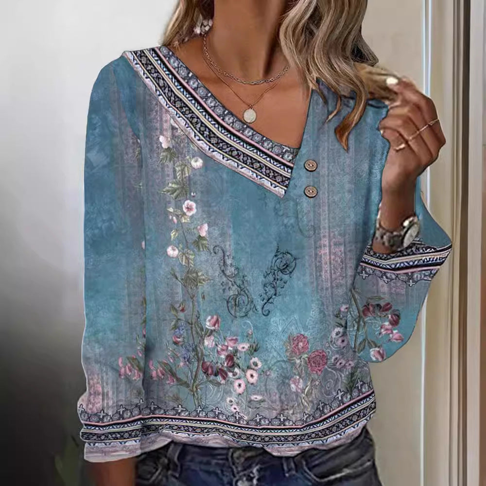 Damen Bluse Floralmuster V-Ausschnitt Eveloria