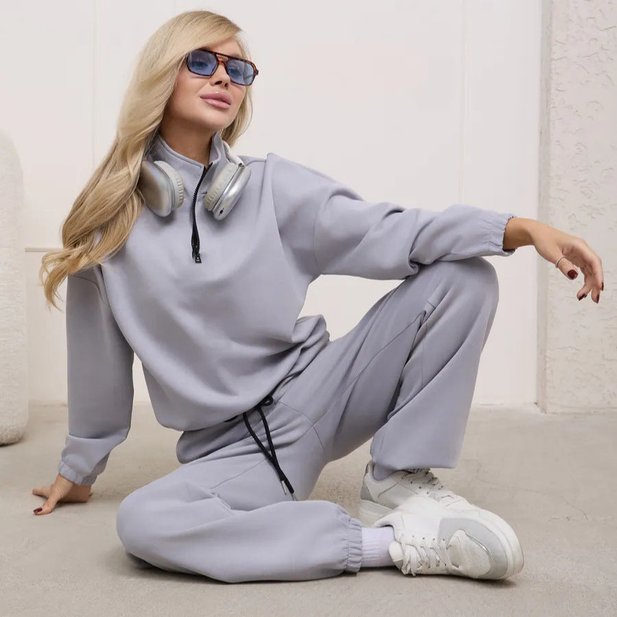 Damen Fleece-Jogginganzug Elastisch Halbzipp Reißverschluss Grau - Eveloria