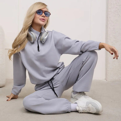 Damen Fleece-Jogginganzug Elastisch Halbzipp Reißverschluss Grau - Eveloria