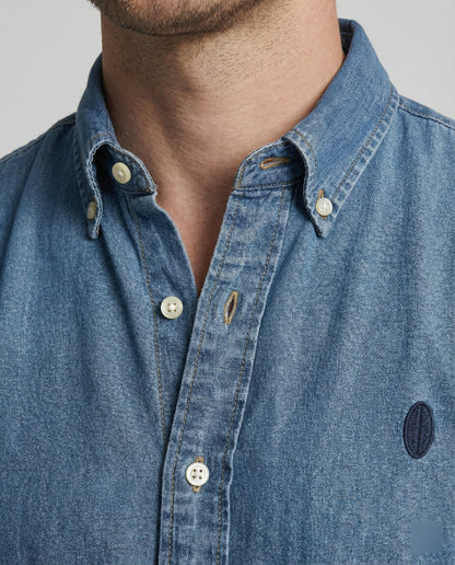 Herren Denim Hemd Langarm Kentkragen Jeansblau
