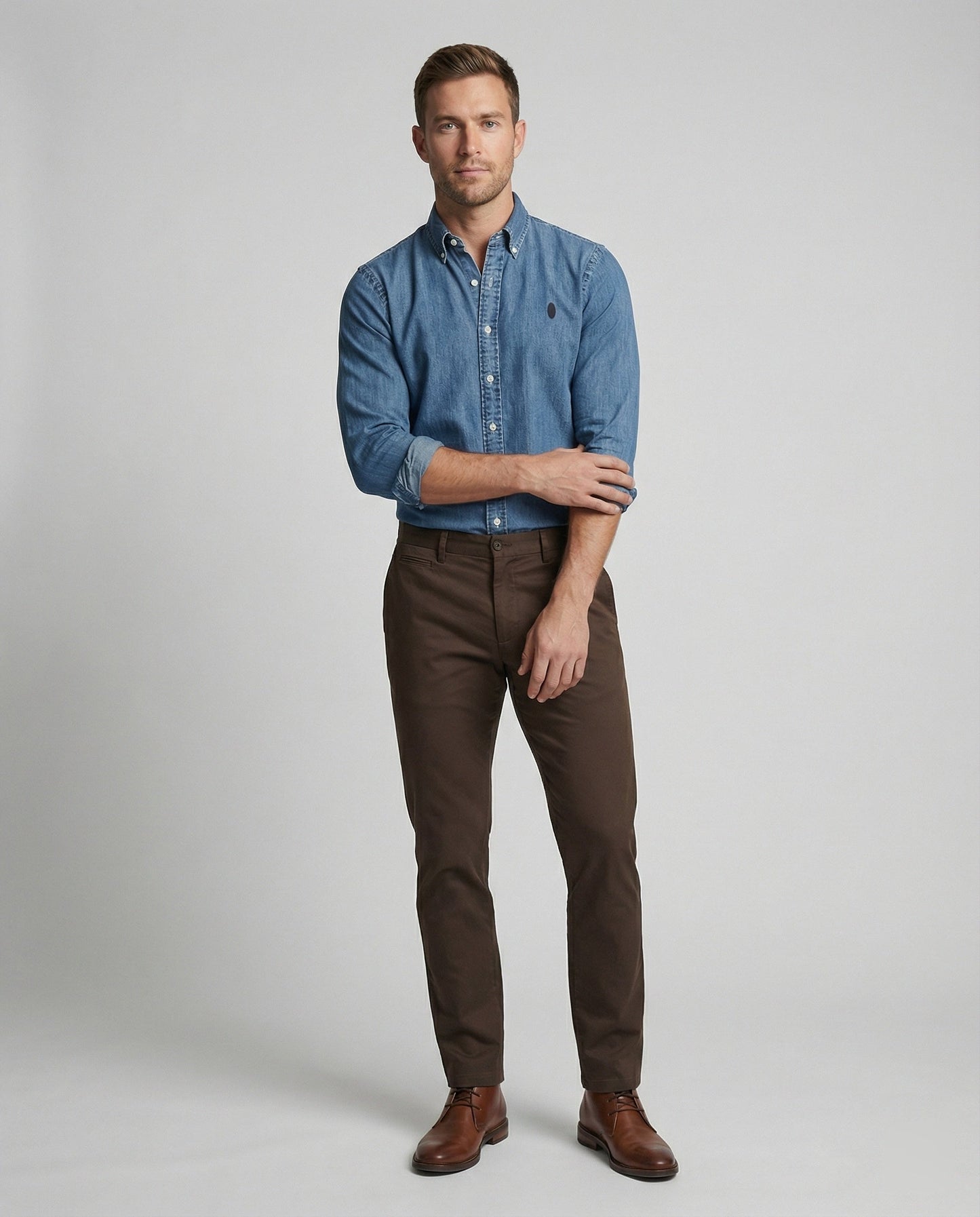 Herren Denim Hemd Langarm Kentkragen Jeansblau