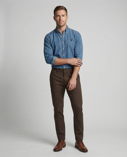 Herren Denim Hemd Langarm Kentkragen Jeansblau
