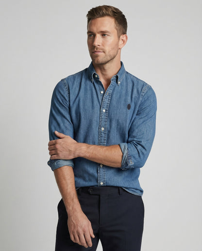 Herren Denim Hemd Langarm Kentkragen Jeansblau