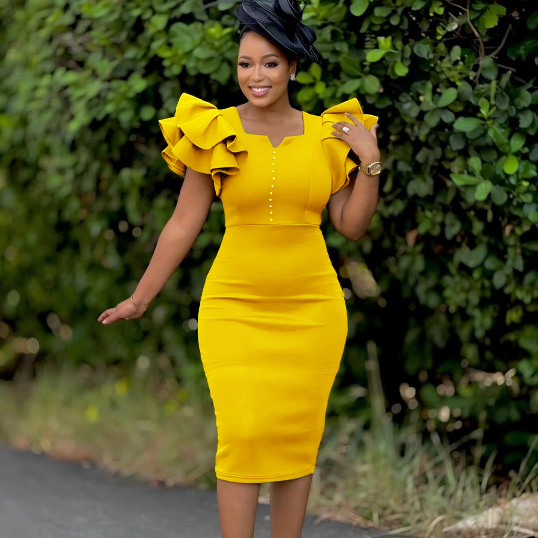 Eveloria Damen Midi-Kleid Voluminöse Rüschen Perlendetails
