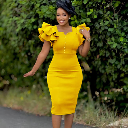 Eveloria Damen Midi-Kleid Voluminöse Rüschen Perlendetails