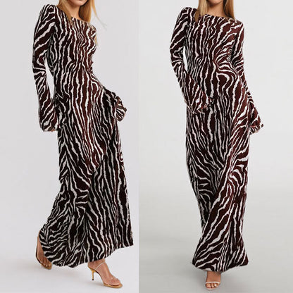 Damen Maxikleid Tiermuster Schimmerstoff Lang