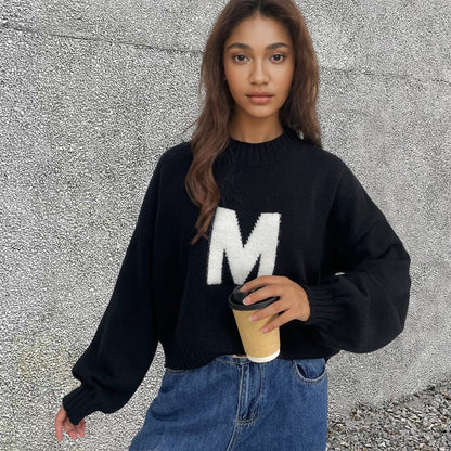 Damen Oversized Strickpullover mit Frontmotiv Eveloria