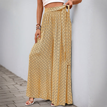 Damen Palazzo-Hose Weite mit Bindegürtel und Print
