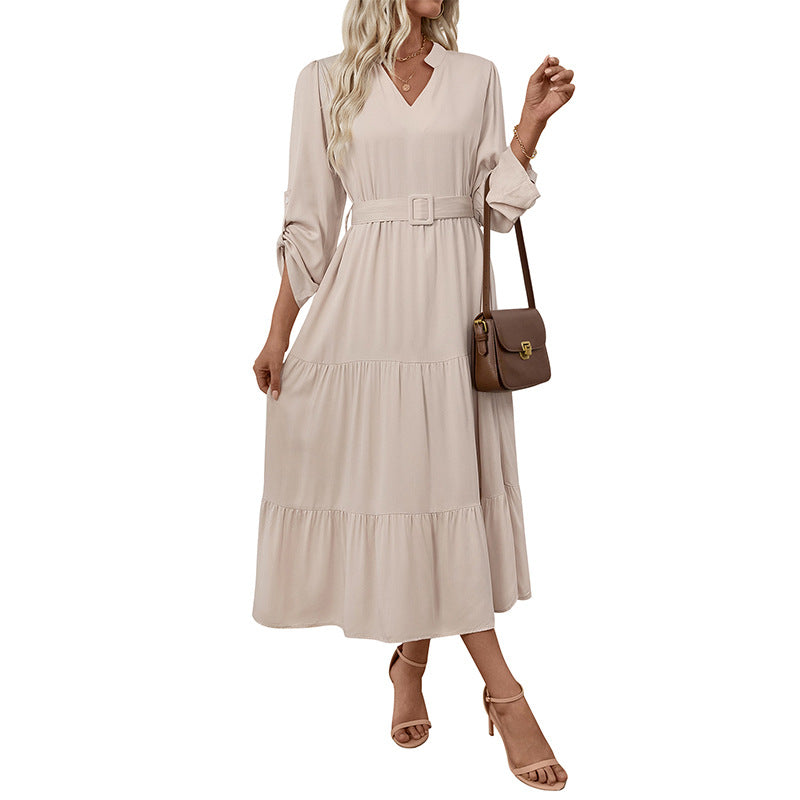 Damen Maxikleid V-Ausschnitt Taillierter Gürtel Eveloria