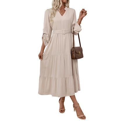 Damen Maxikleid V-Ausschnitt Taillierter Gürtel Eveloria