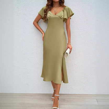 Damen Maxikleid Voluminöse Rüschenärmel Seitlicher Schlitz Eveloria